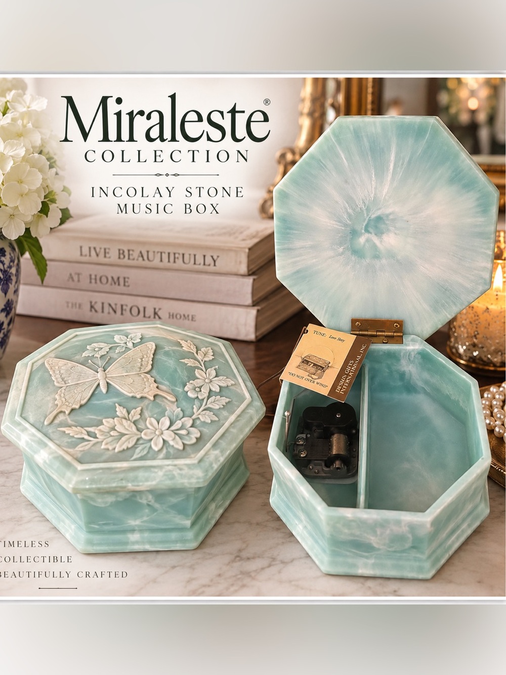 VTG Miraleste Collection Incolay Stone Music Box Butterfly Born Free w/ Tag